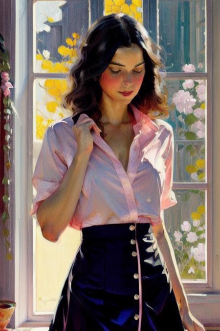 01418-1580551397-oil painting, 1girl, solo, pink skirt, black hair, shirt, _lora_oil_0.7_,window,.png